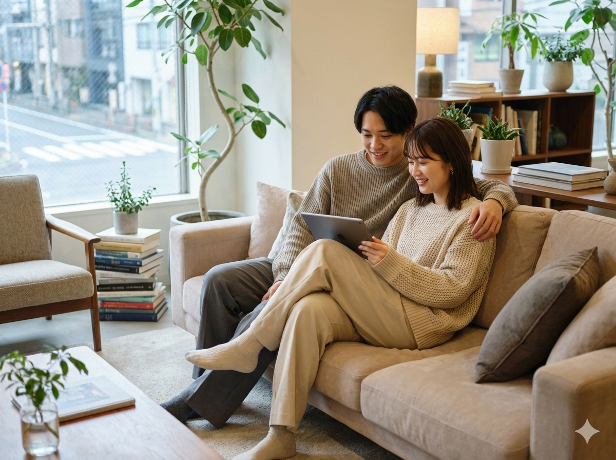 自然な光の中で穏やかに過ごすカップル